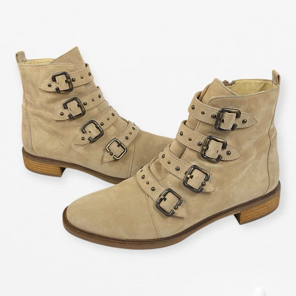 PAUL GREEN Anne Bootie CLOUD STUDDED STRAPS MOTO BIKER SUEDE AUS 7.5 US 9.5